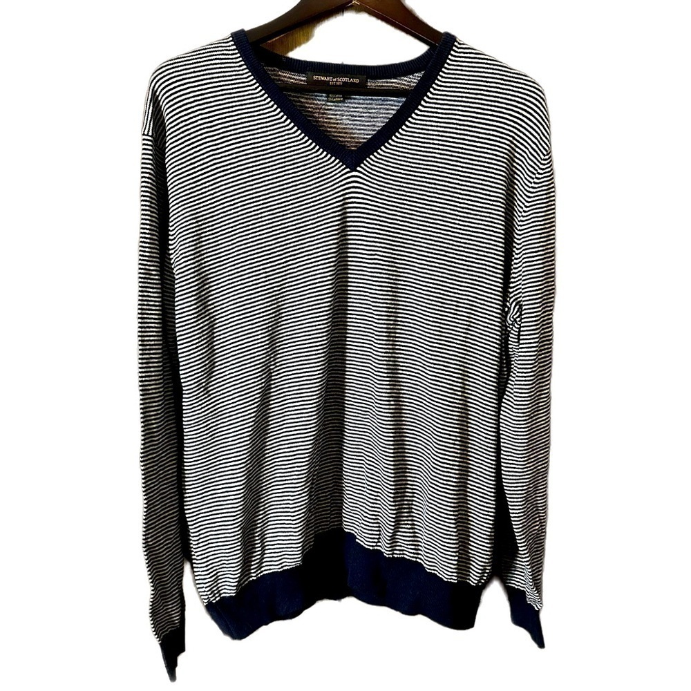 Stewart of Scotland Men’s Navy Grey Stripes Cotton Cashmere V-Neck Sweater XXL